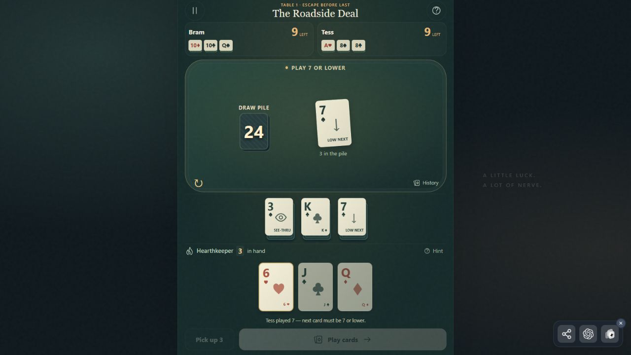 Actual Palace campaign gameplay showing the card table, rivals’ reserves, and a playable hand.
