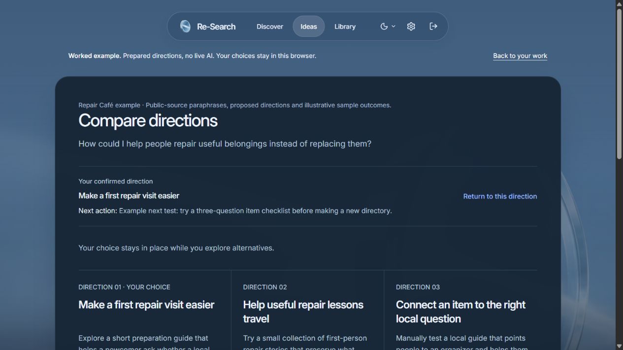 Actual Re-Search public worked example comparing three repair-project directions, with an objection and connected sources for each.
